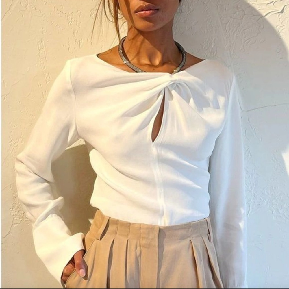 A.L.C. White Twist Front Keyhole Long Sleeve Top